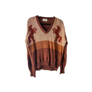 Vintage Horse Equestrian Color Block V Neck Sweater Hippy Retro